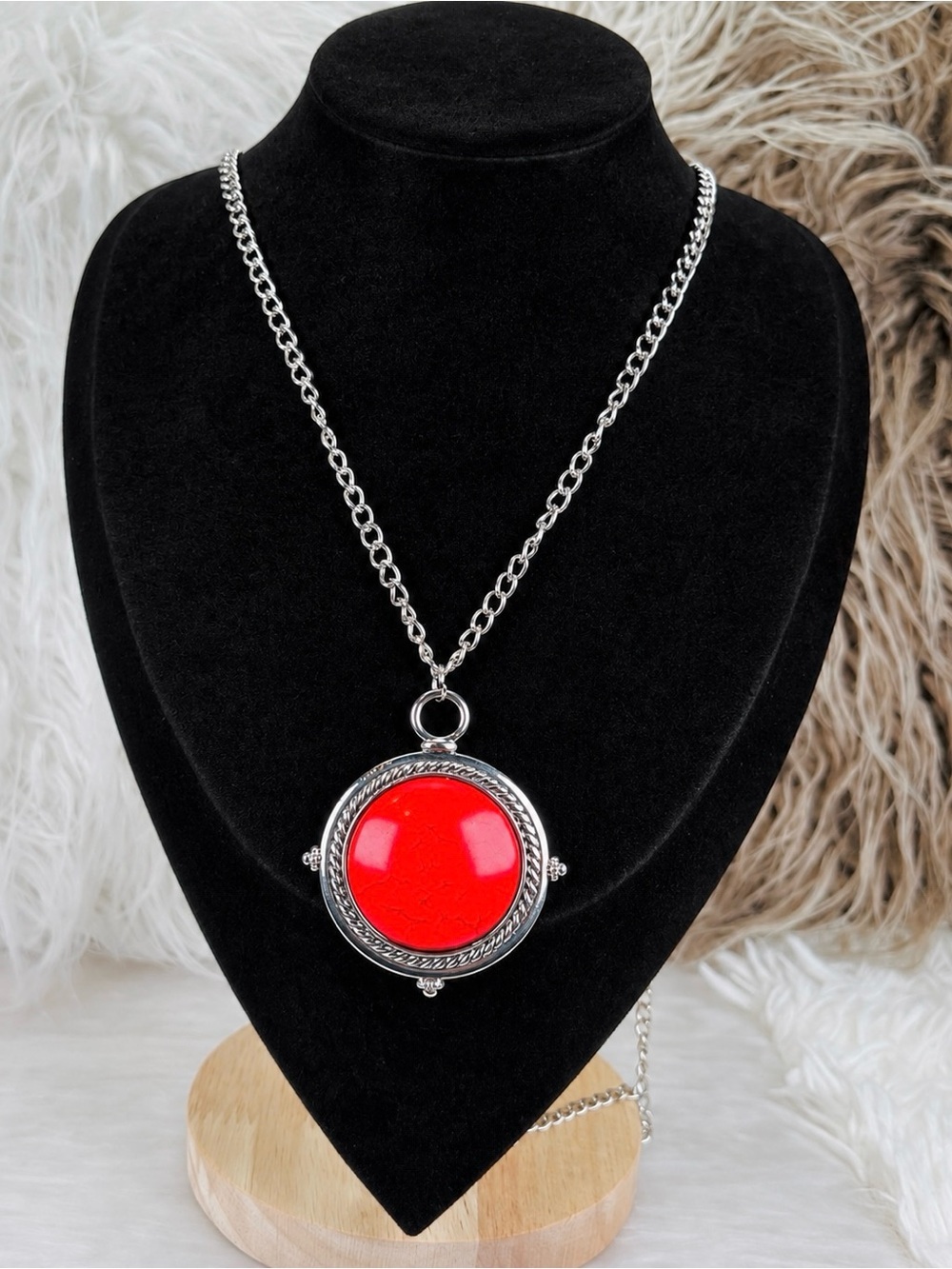Southwestern style Silvertone red weighted large pendant on long necklace